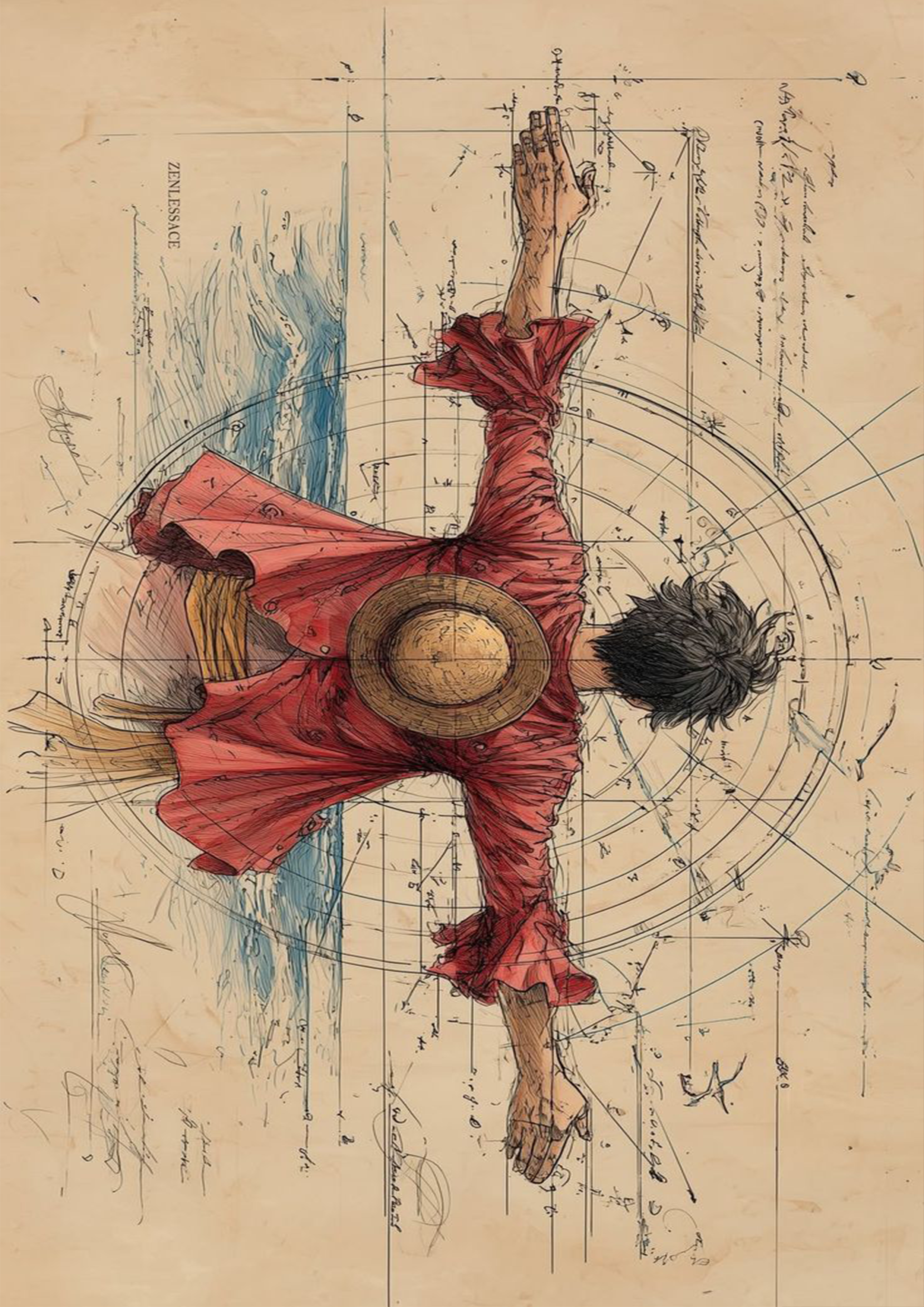 One Piece Luffy "Vitruvian Pirate" Schematic Wall Poster - A4 - Matte Print