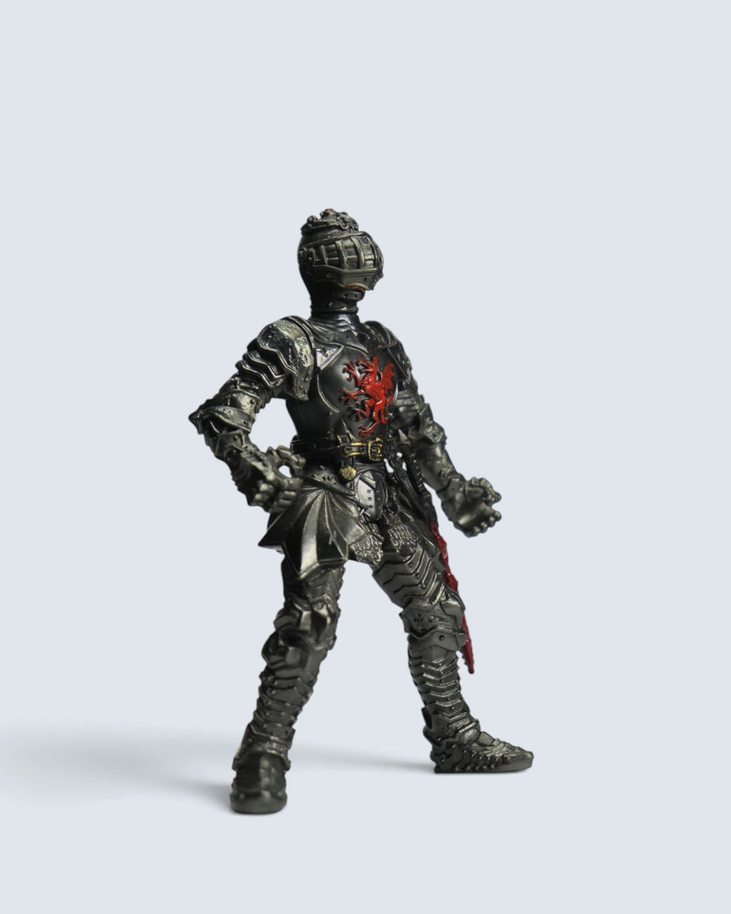 Medieval Black Knight Action Figure with Red Dragon Crest and Sheathed Sword Collectible