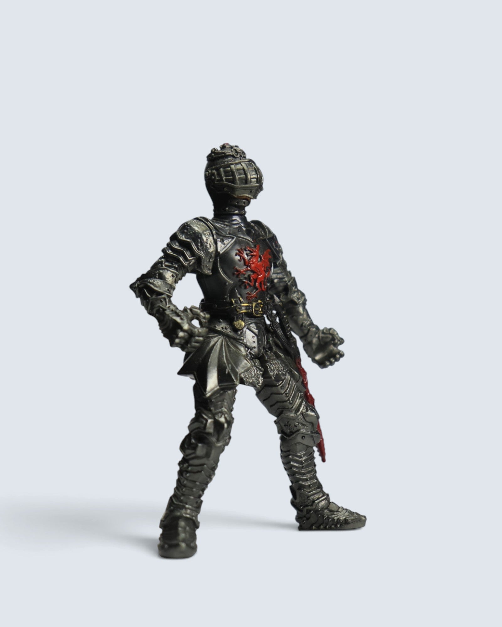 Medieval Black Knight Action Figure with Red Dragon Crest and Sheathed Sword Collectible