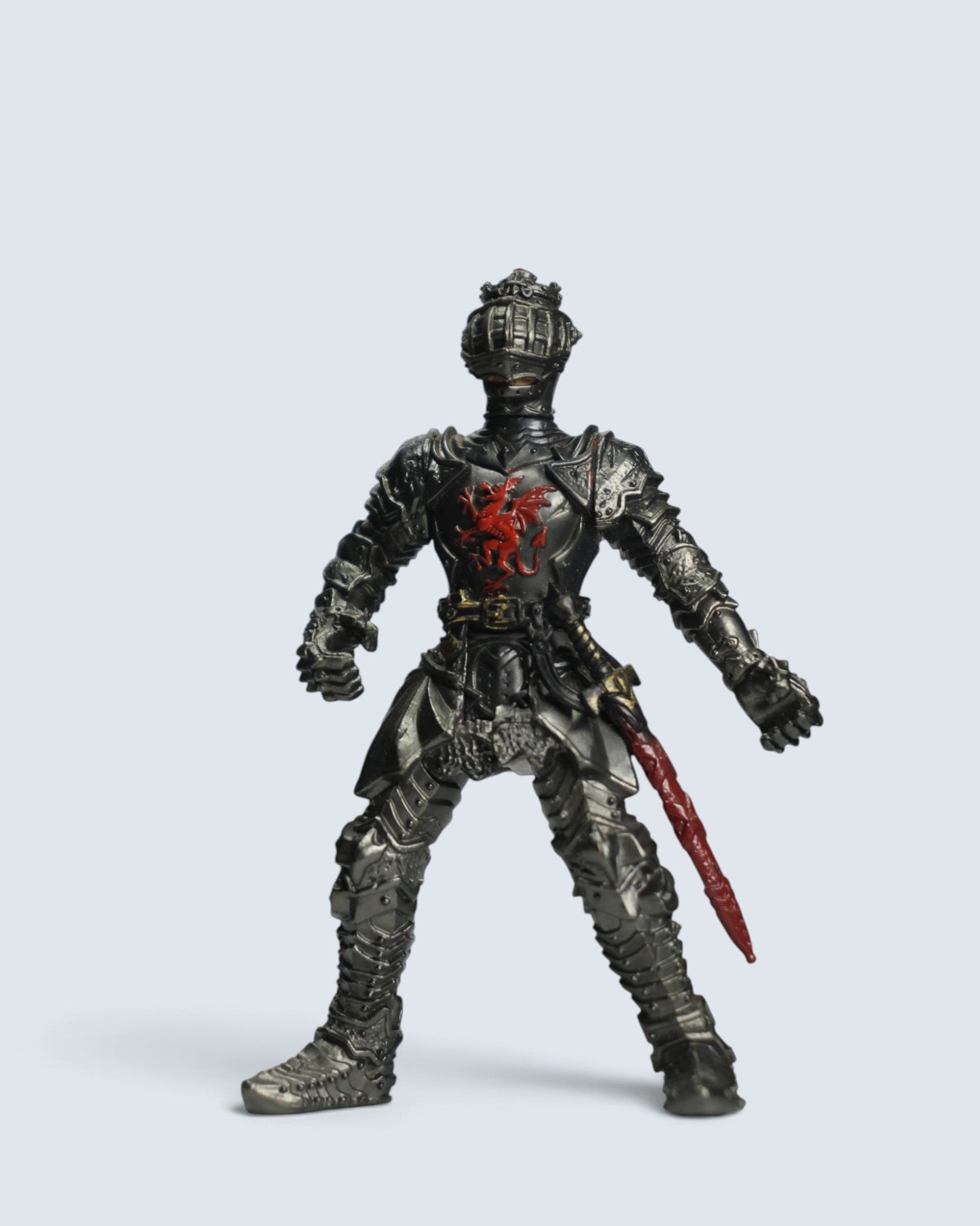 Medieval Black Knight Action Figure with Red Dragon Crest and Sheathed Sword Collectible