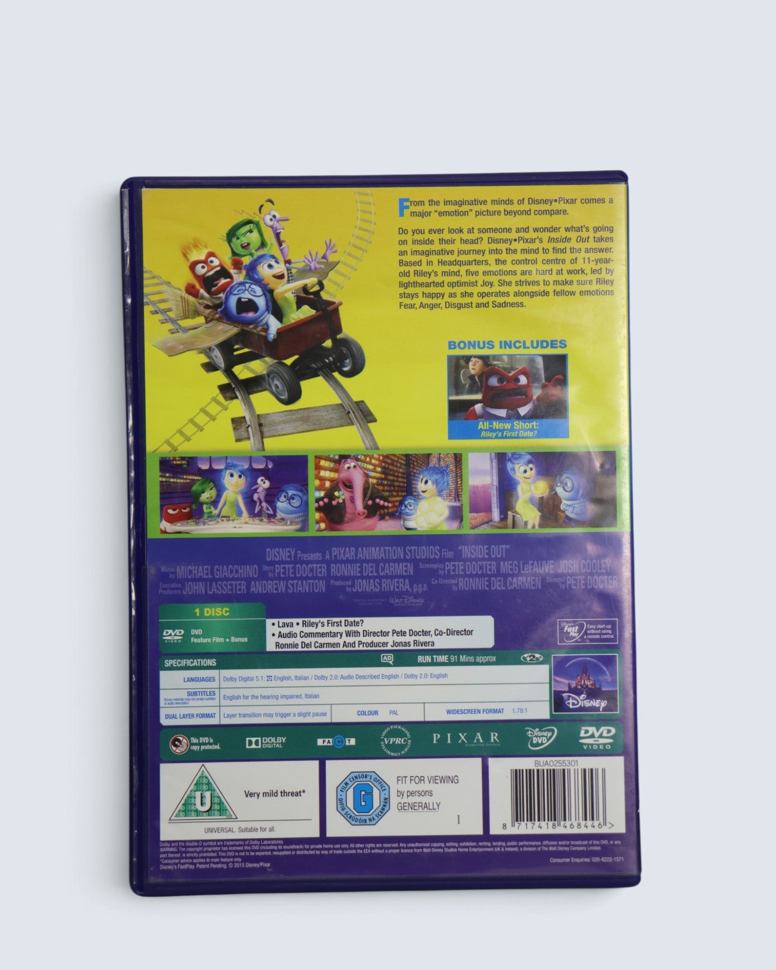 Disney: Inside Out (DVD, 2015)  Animated Movie with Bonus Short "Riley's First Date?" & "Lava"