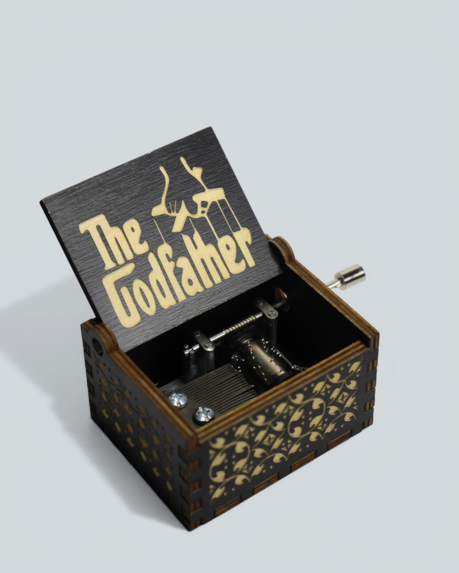 Godfather Hand-Crank Wooden Music Box - Vintage Engraved Design