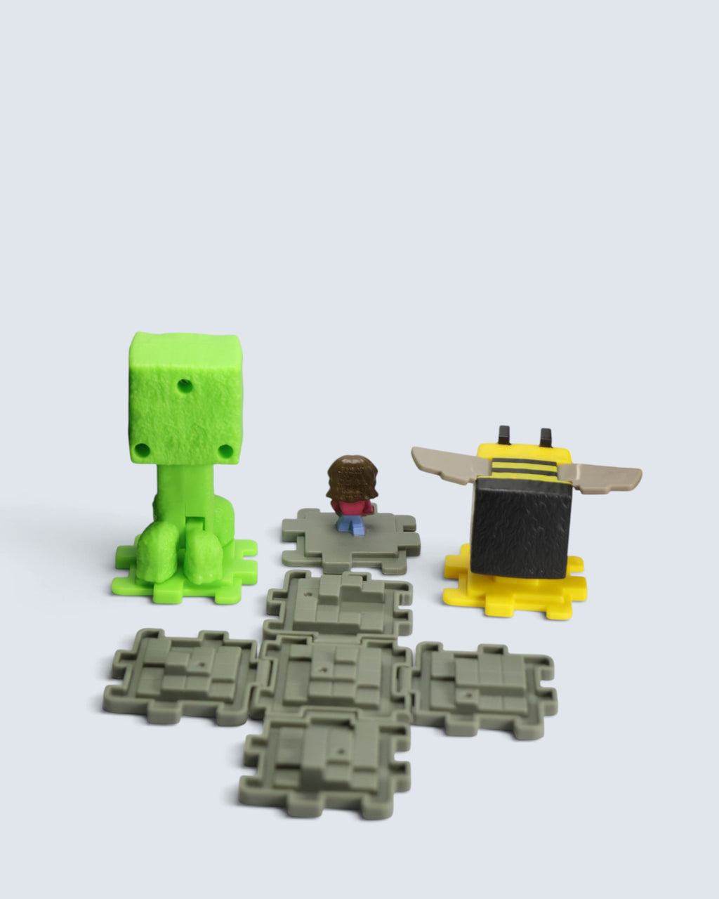 Minecraft Creeper, Bee, and Steve with Folding Block Playset Toy Bundle